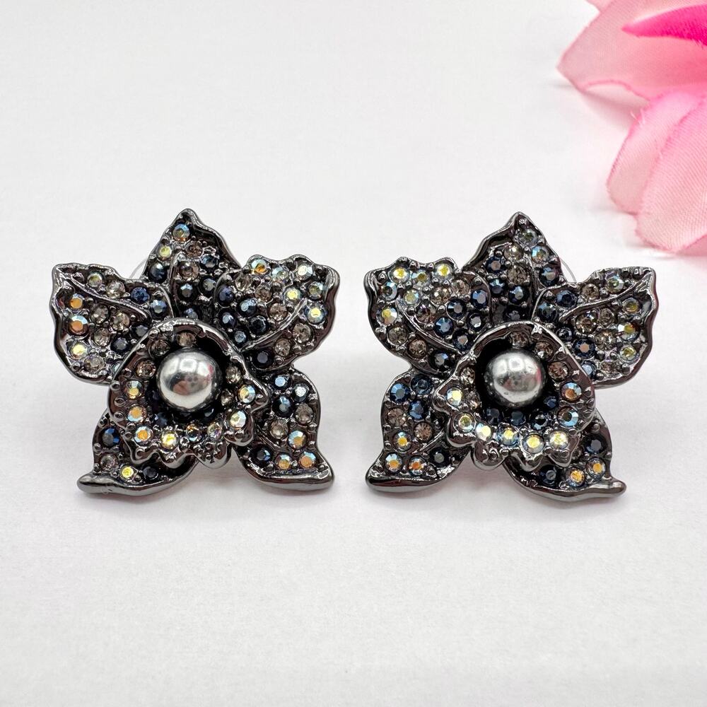 Vintage Joan Rivers Elegance In Bloom Black Pave Orchid Pierced Earrings Signed
